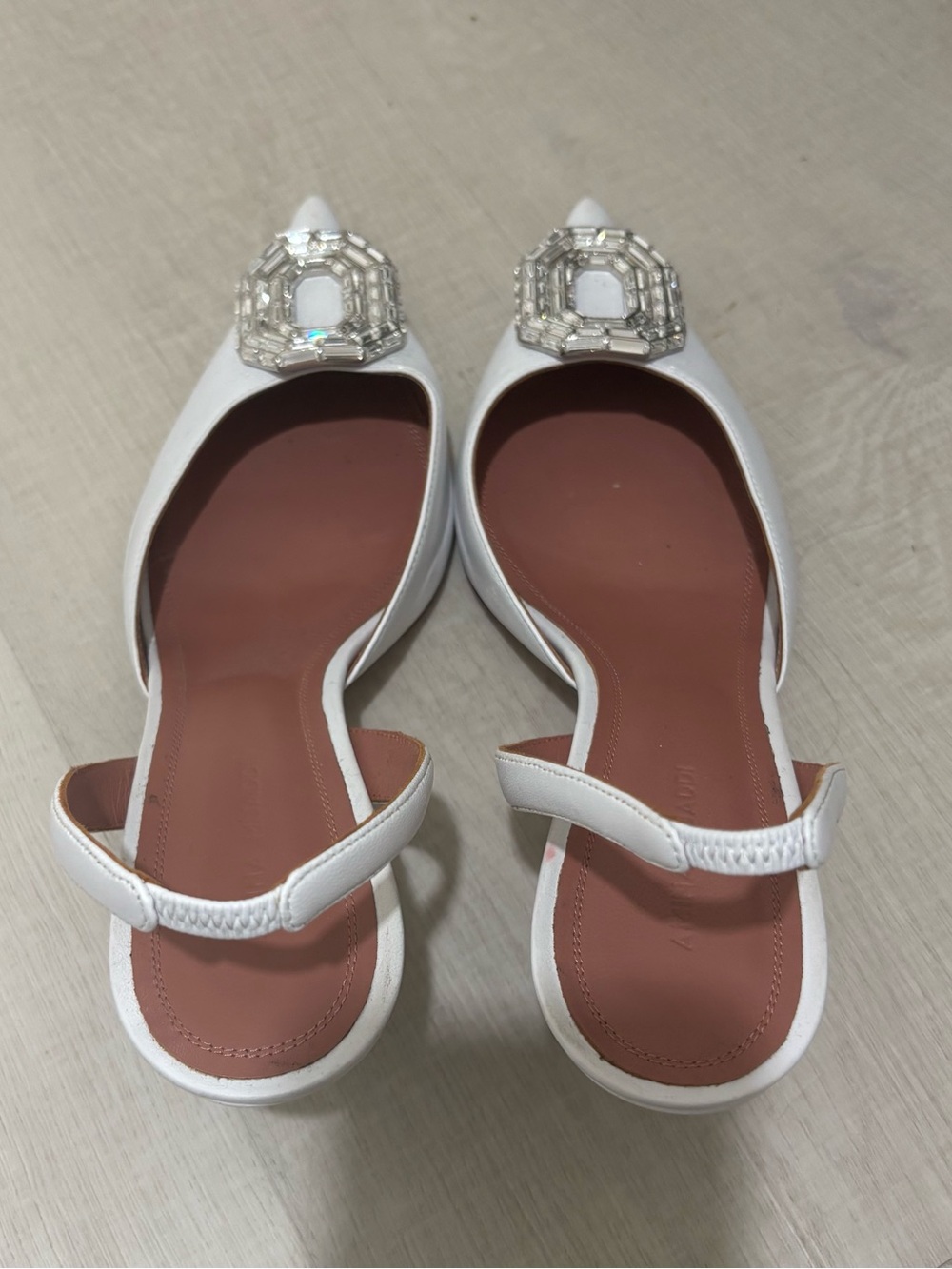Amina Muaddi White Pointed Slingback Flats with Crystal Buckle - Picture 2 of 3